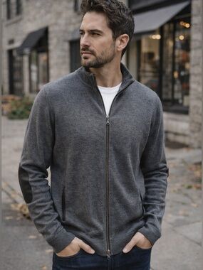 John Varvatos USA Gray Full Zip Sweater XL Merino Wool Leather Trim Elbow Patch